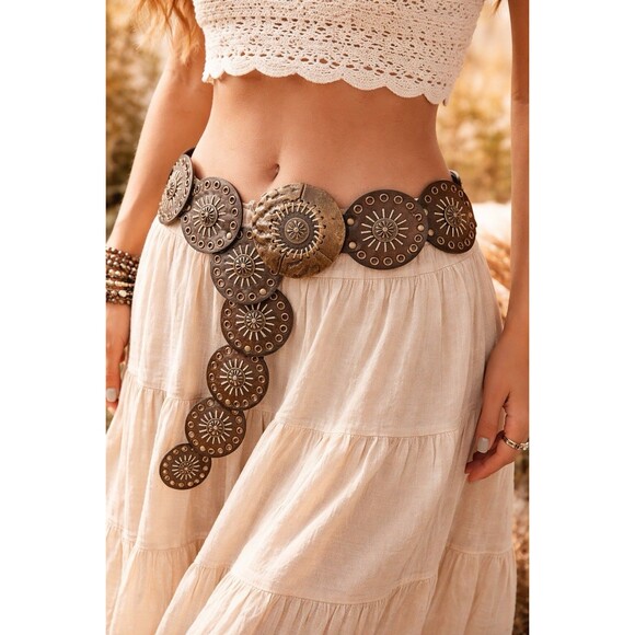 Accessories - Vintage Lake Shore Drive Y2K Concho-Style Disc Belt Western Boho Brown Brass Ton